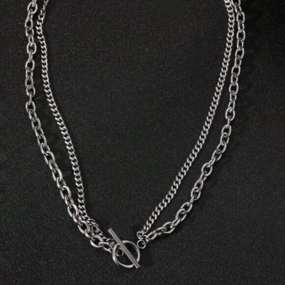 Sterling Silver 925 Double Chain Toggle Necklace - Picture 3 of 4
